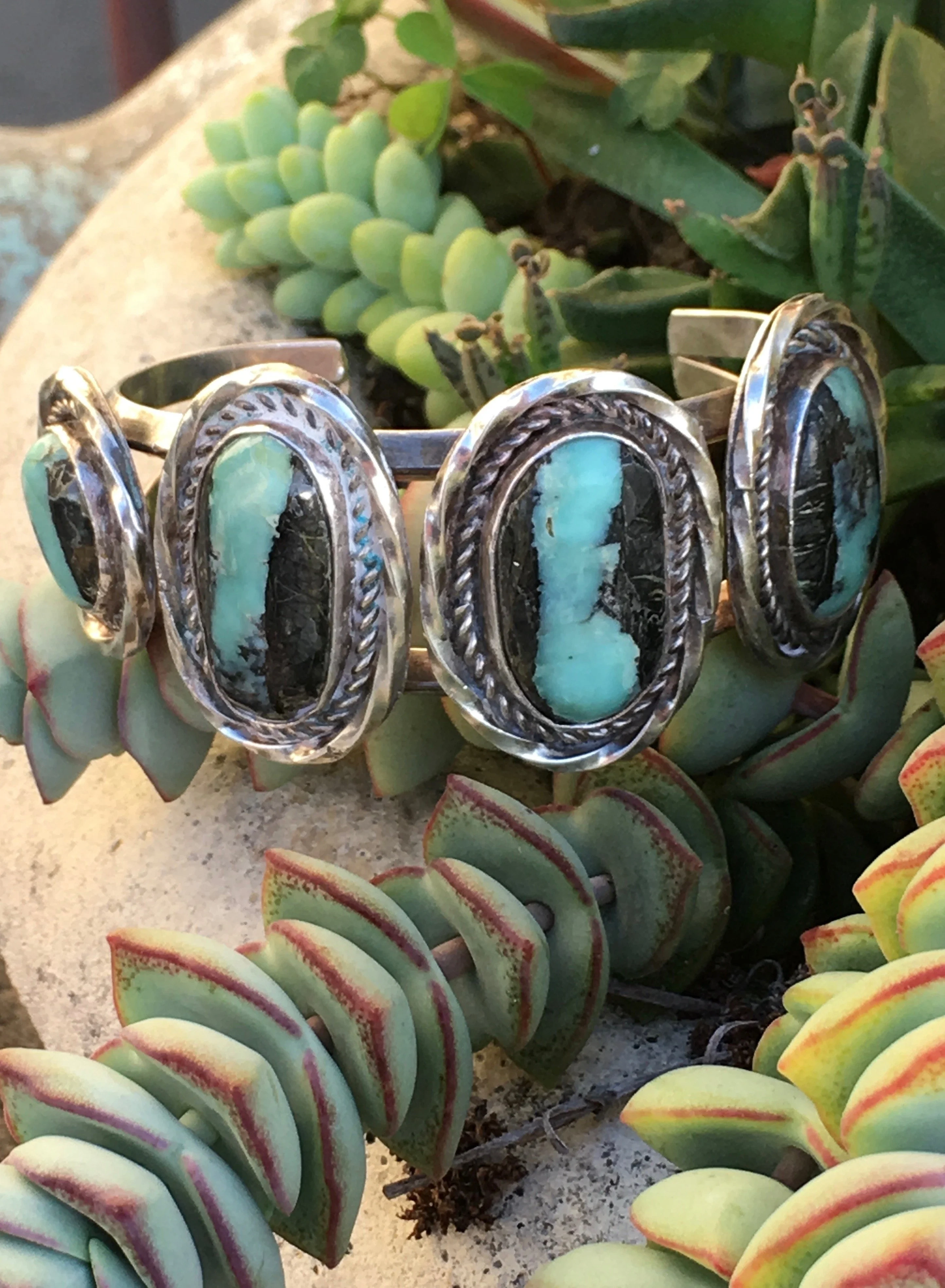 Rare Carlin Mine Turquoise Row Bracelet Navajo Sterling Silver Vintage