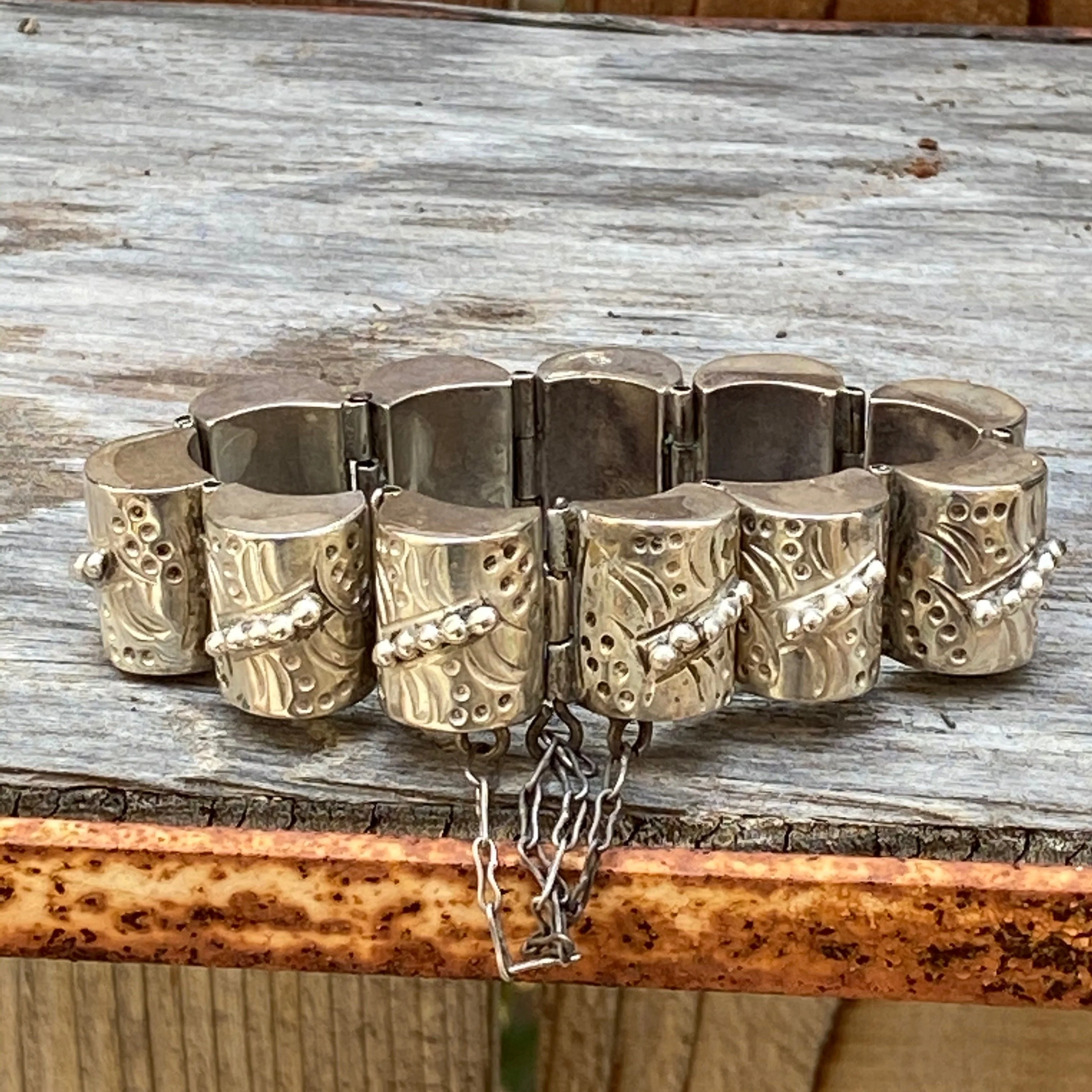 Mexican Half Barrel Panel Bracelet in Sterling Silver