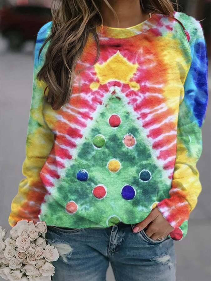 Women's Tie Dye Christmas Tree Print Casual Sweatshirt
