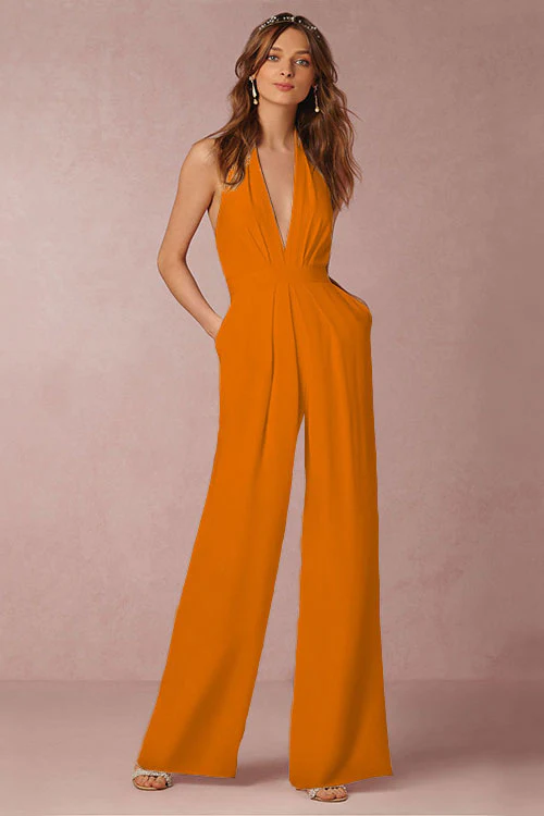 Casual Solid Color V-neck Sleeveless Jumpsuit