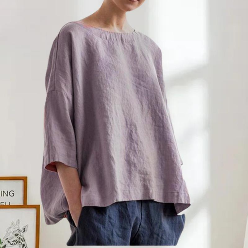 Round Neck Cotton and Linen T-shirt Loose Plus Size Women's Top