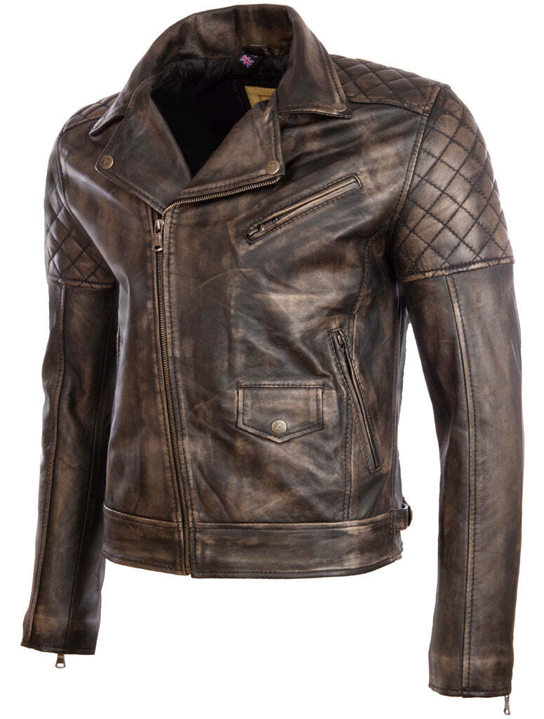 Men's  Leather Asymmetric Zip Fashion Biker Jacket with Diamond Padding (6MFX)
