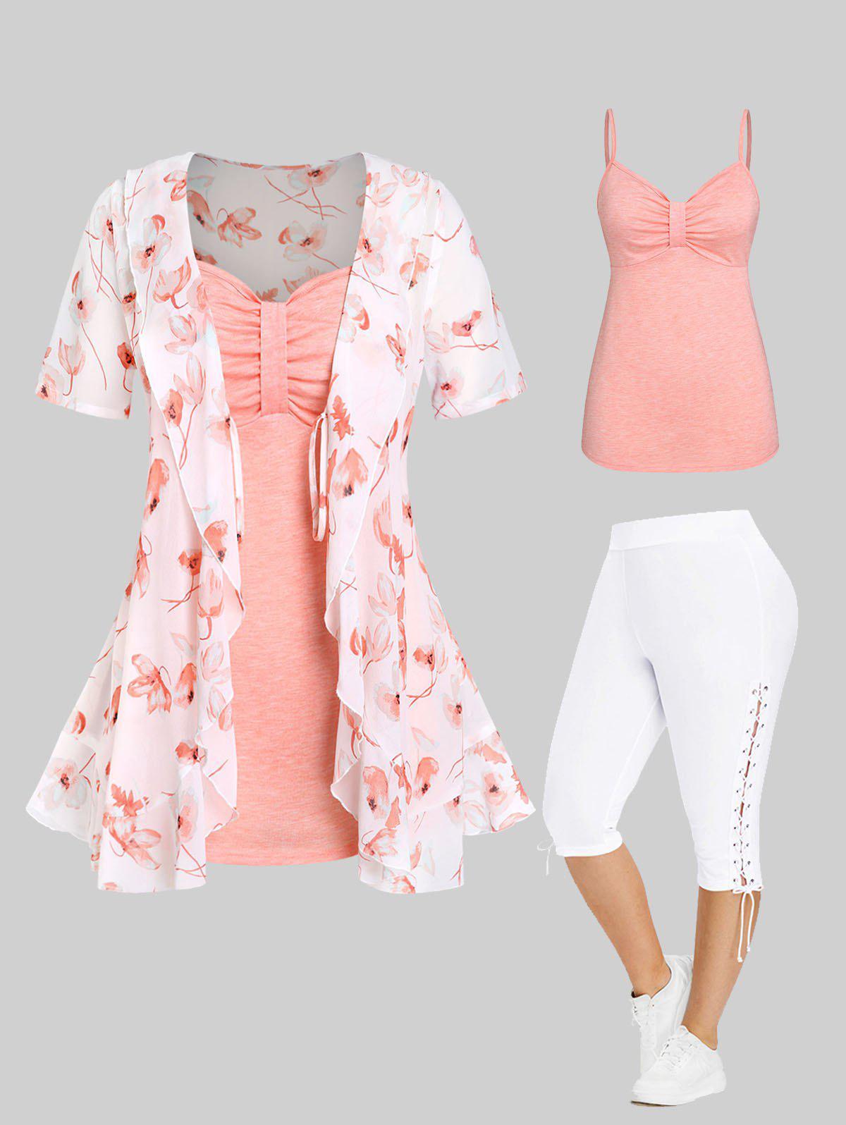 Floral Tie Blouse and Knot Solid Tank Top Set and Lace Up Side High Waisted Capri Pants Plus Size & Curve Summer Outfit
