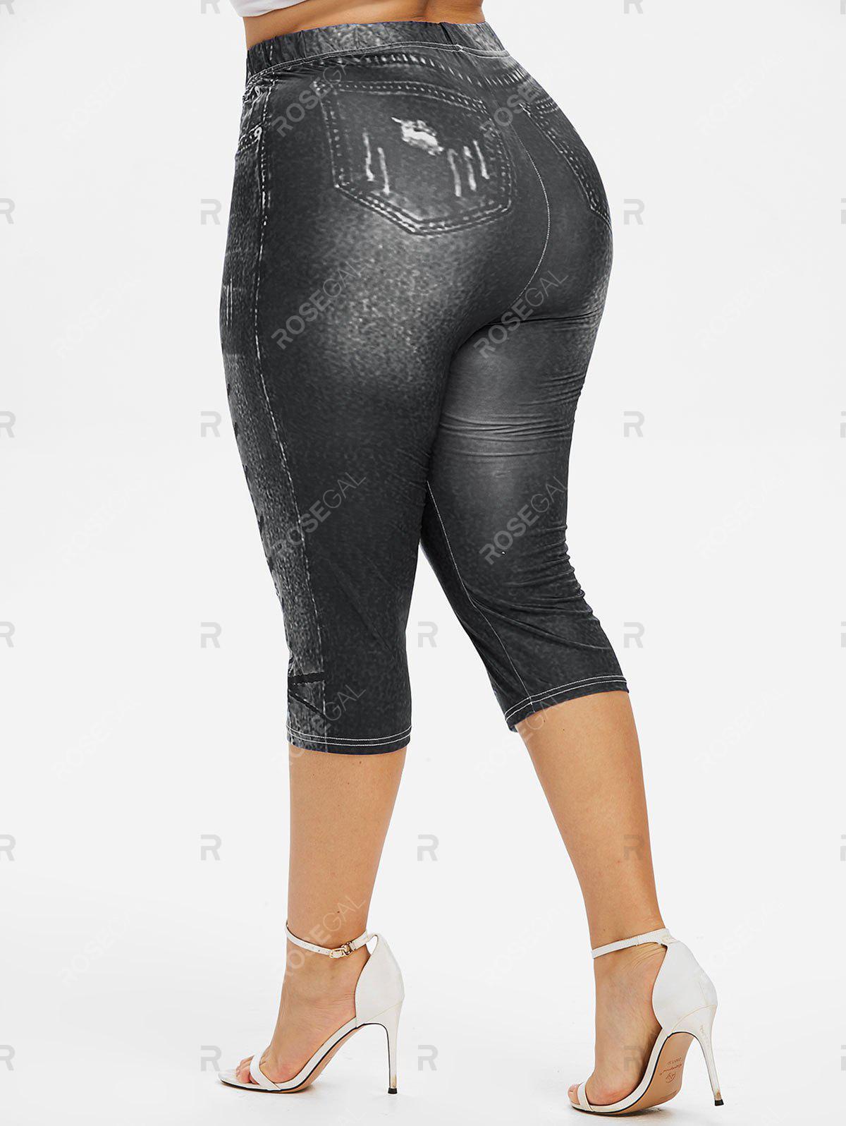 Heart Buckle Layered Tank Top and 3D Lace Up Jean Print Capri Leggings Plus Size Outfit
