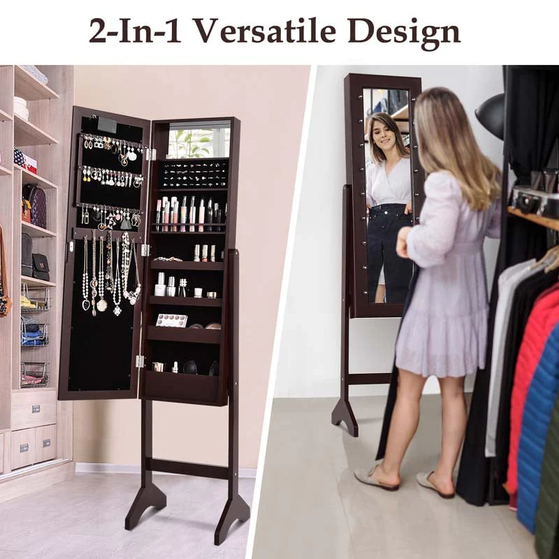 18 LEDs Large Standing Jewelry Armoire Cabinet Makeup Mirror with Full-Length Mirror 16 Lipstick Holder
