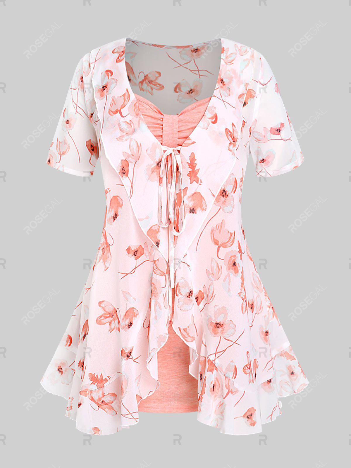 Floral Tie Blouse and Knot Solid Tank Top Set and Lace Up Side High Waisted Capri Pants Plus Size & Curve Summer Outfit
