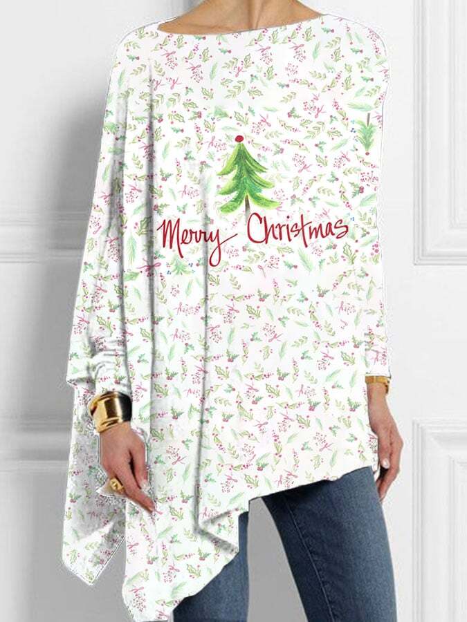 Women's Merry Christmas Tree Print Irregular Top