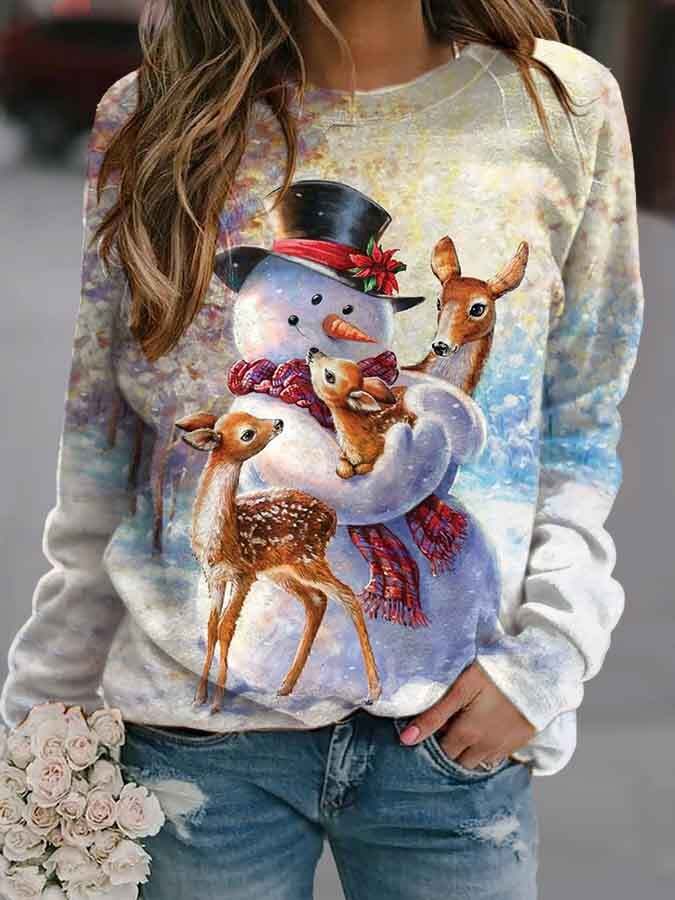 Christmas Snowman & Deer Print Sweatshirt