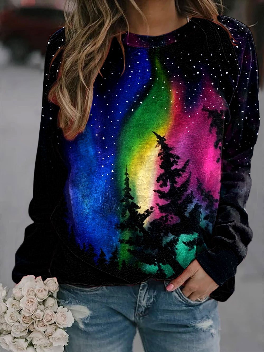Women's Aurora Christmas Tree Forest Print Sweatshirt