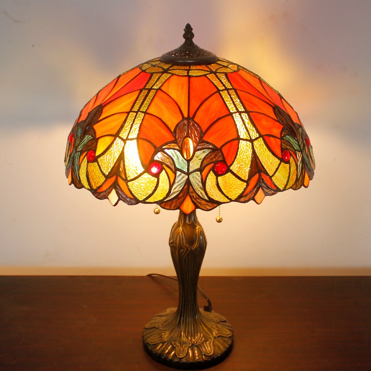 Tiffany Table Lamp Red Liaison Stained Glass Style Shade Metal Base 24