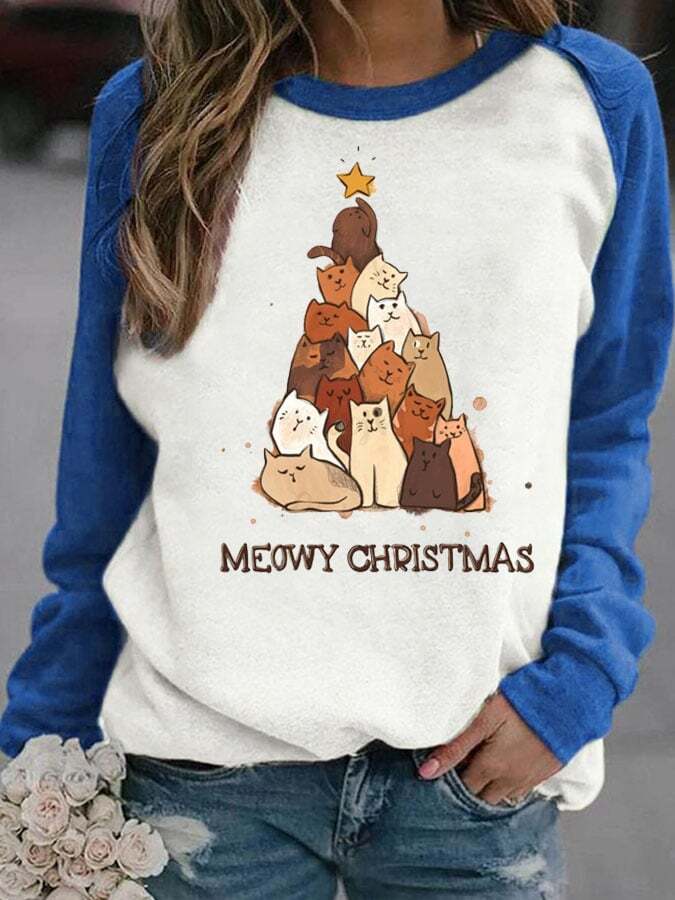 Meowy Christmas Print Long Sleeve Sweatshirt