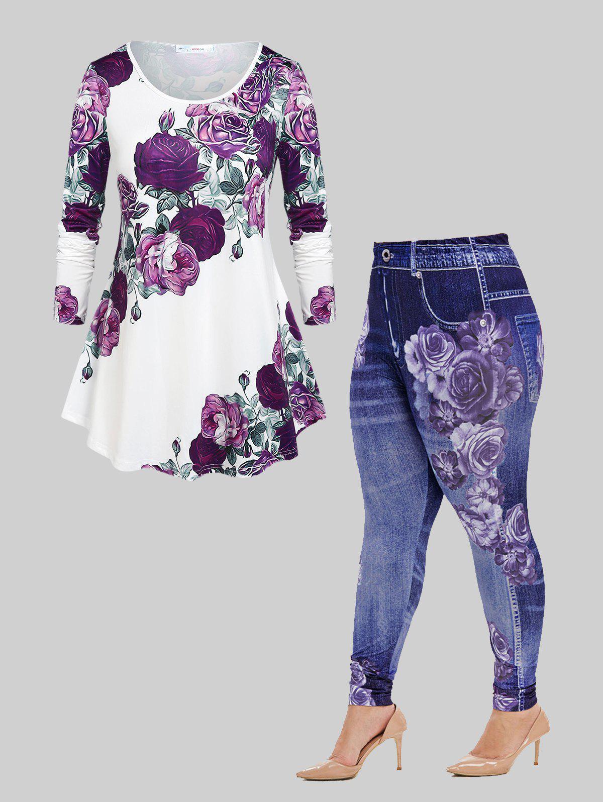 Kiss Rose Swing Tunic Top and 3D Printed Jeggings Plus Size Outfit