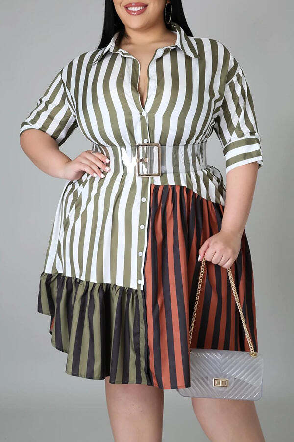 Stripe Patchwork Shirt Collar Midi Dress