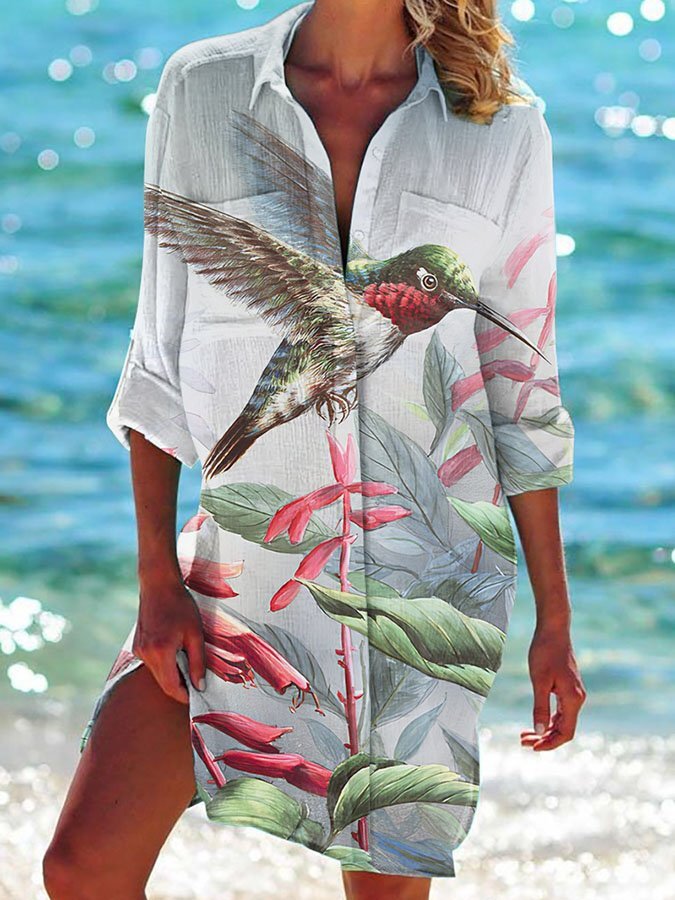 Hummingbird Print Casual Sun Protection Shirt