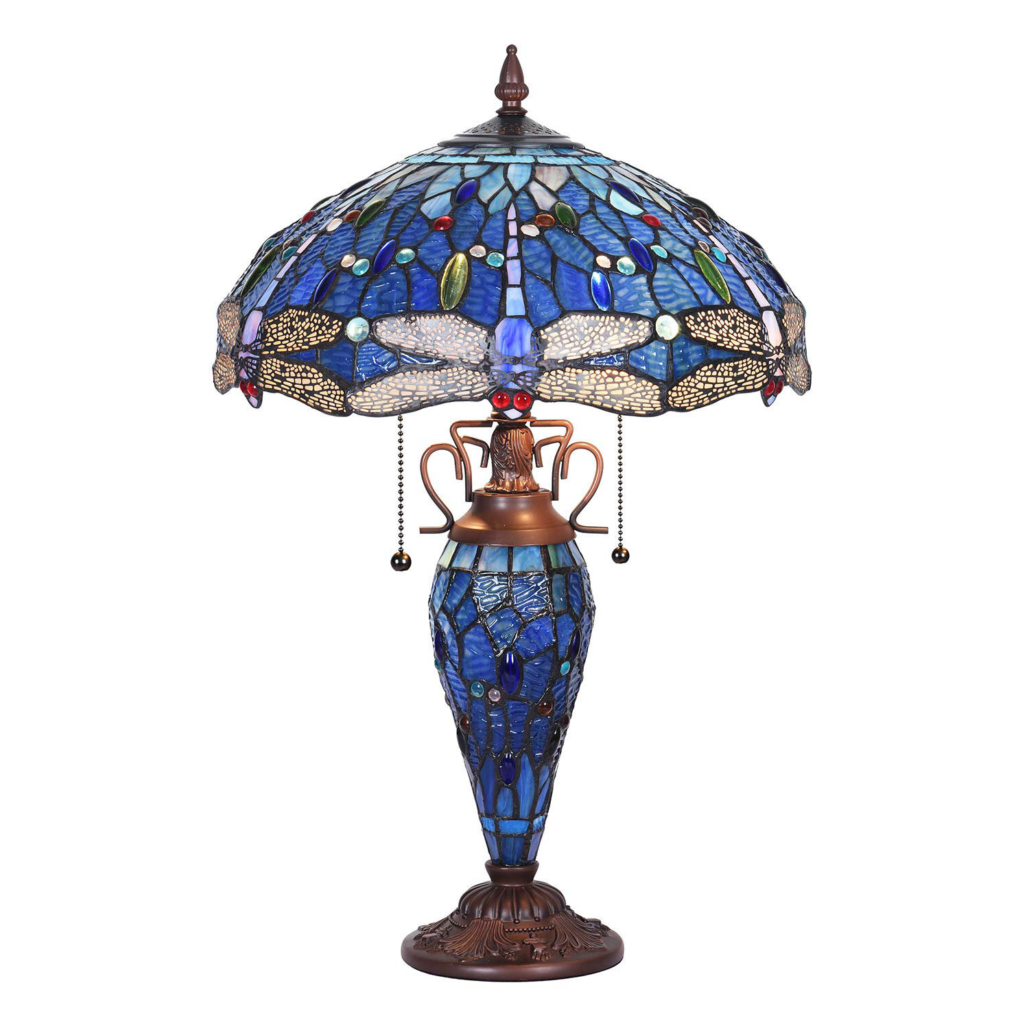 Dragonfly Style Tiffany Large Table Lamp 3-Light With Nightlight Rustic Antique Desk Light