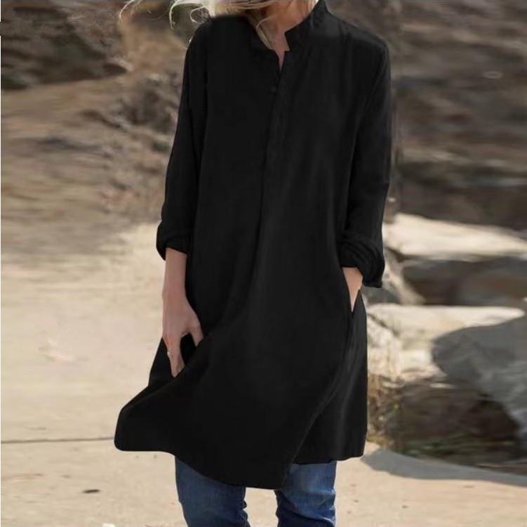 Cotton and Linen Button-up Dress With Long Sleeves