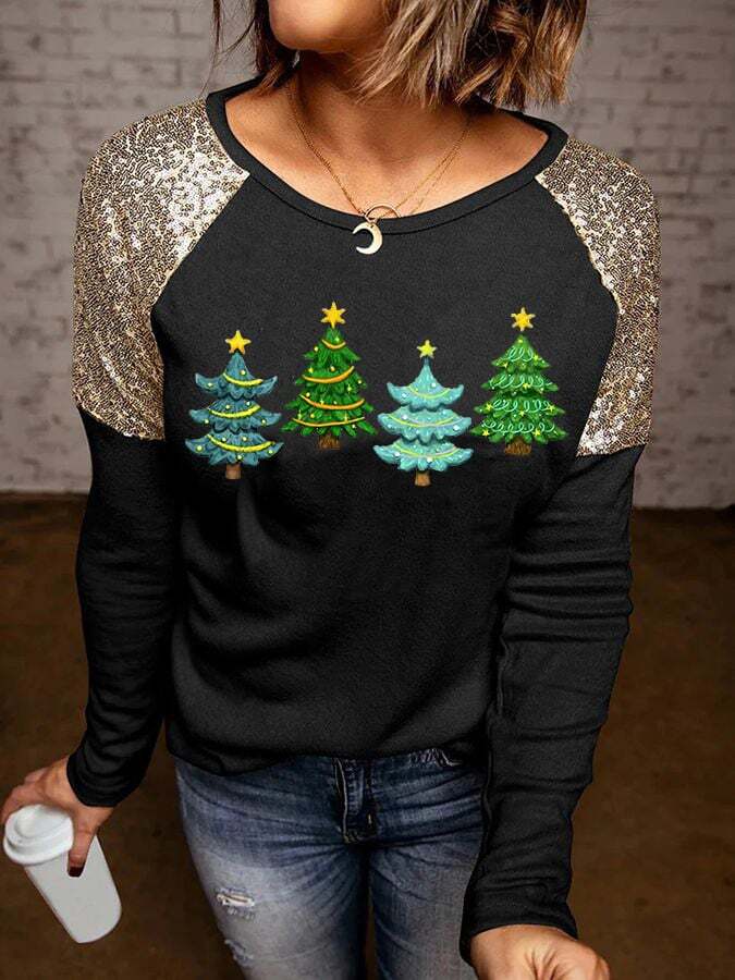 Women's Shiny Christmas Tree 🎄 Sequin Stitching Long Sleeve T-Shirt