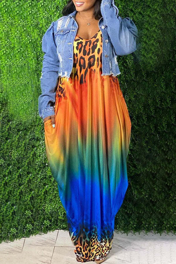 Gradient Leopard Print Swing Maxi Dress