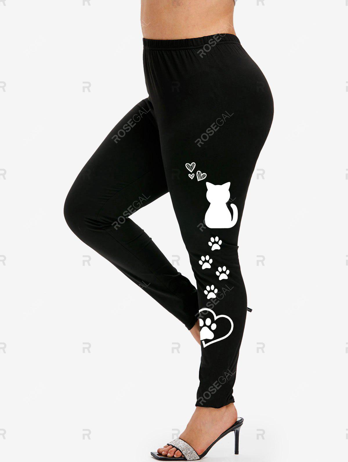 Gothic Cat Print Tee and High Waist Cat Paw Print Leggings Plus Size Summer Outfit