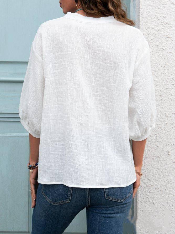 Pure Cotton&Linen Hedging Lantern Sleeve V-Neck White Shirt