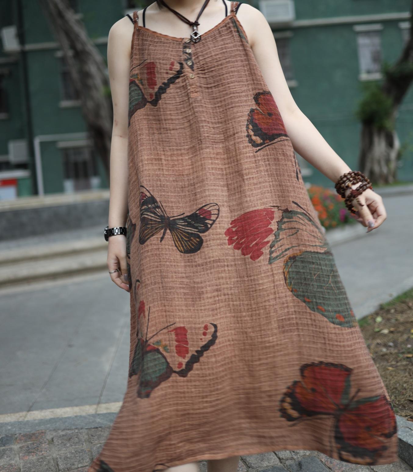 Double Cotton and Linen Halter Dress with Large-size Casual Print Pullover