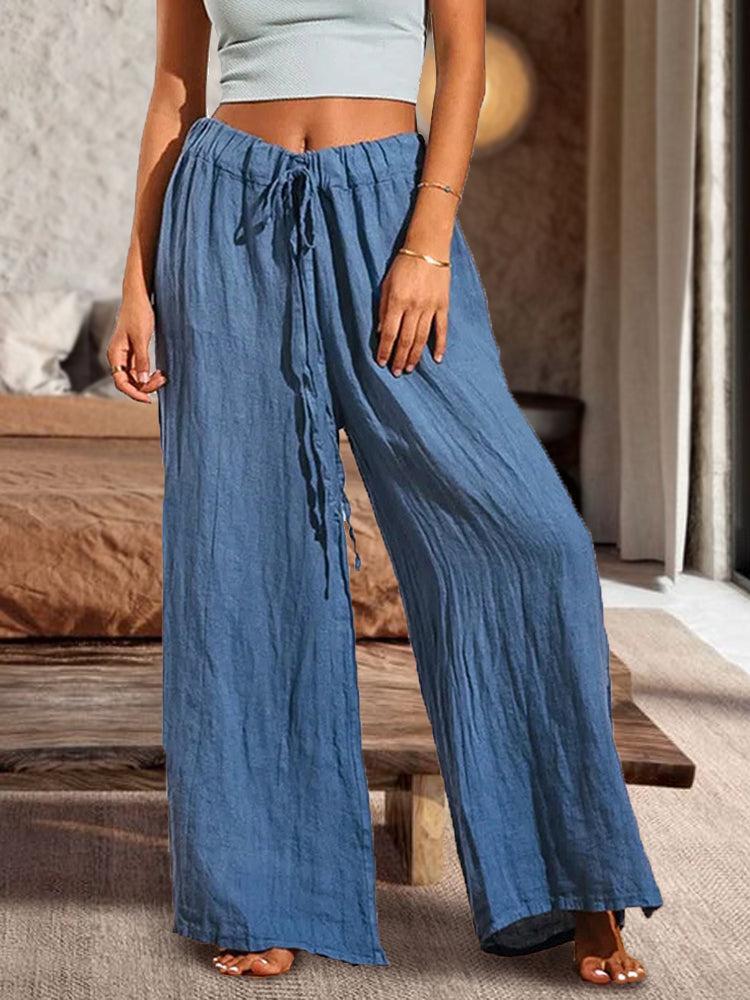 Cotton Casual Loose Soft Drawstring Wide Leg Solid Color Slit Straight Pants