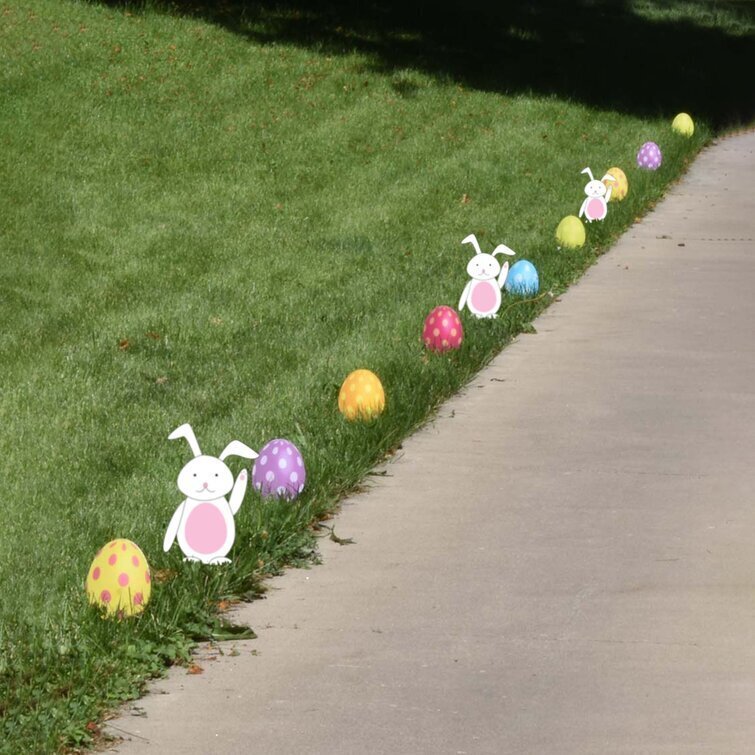 12 Piece Easter Egg and Bunnies Pathway Markers, Includes Metal Garden Stakes