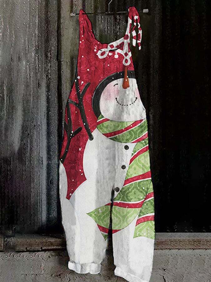 Christmas Red Snowman Print Casual Jumpsuit