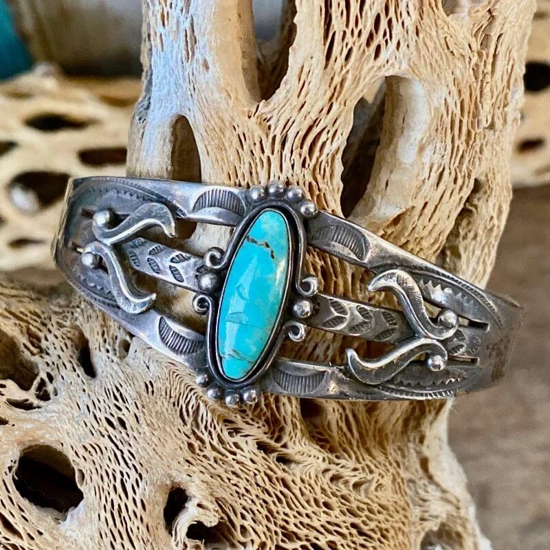 Navajo Turquoise and Sterling Silver Pretty Girl Bracelet Fred Harvey Sterling