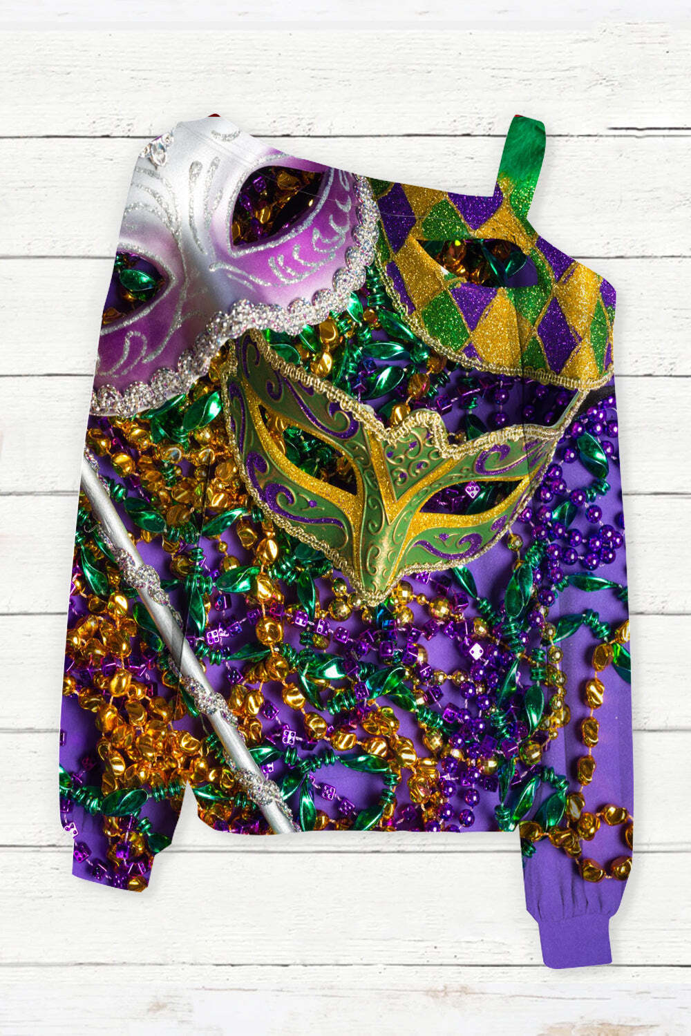 [CLEARANCE SALE]Mardi Gras Sequin Mask With Colored Beads Off-Shoulder Blouse