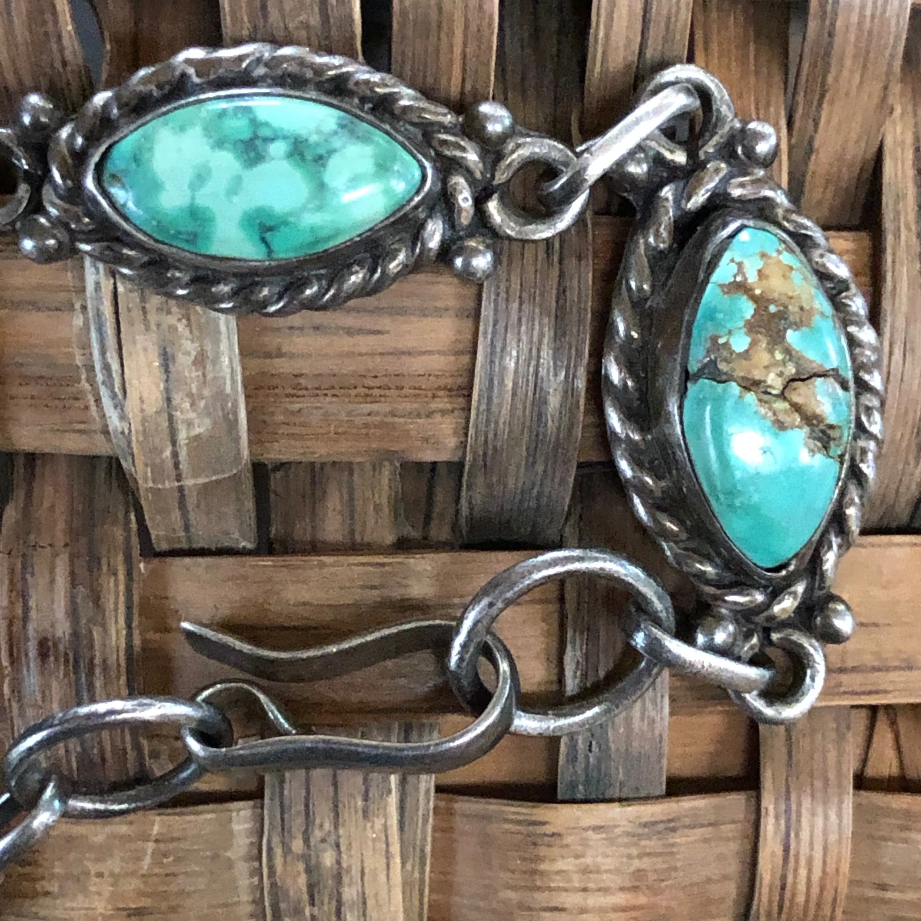 Early Navajo Wrought Silver and Turquoise Link Bracelet