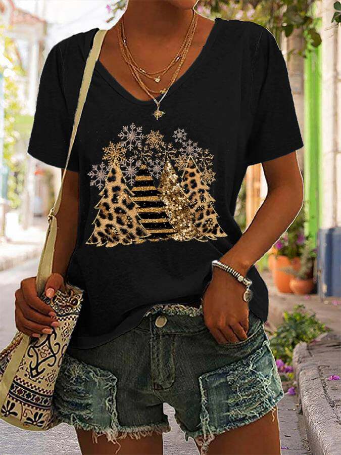 Women's Leopard Christmas Tree Print V-Neck Short Sleeve T-Shirt