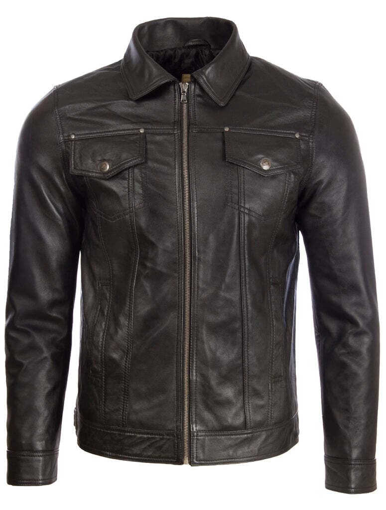 Men's Super-soft  Leather Classic Harrington Fashion Jacket (AGQ5) - Black