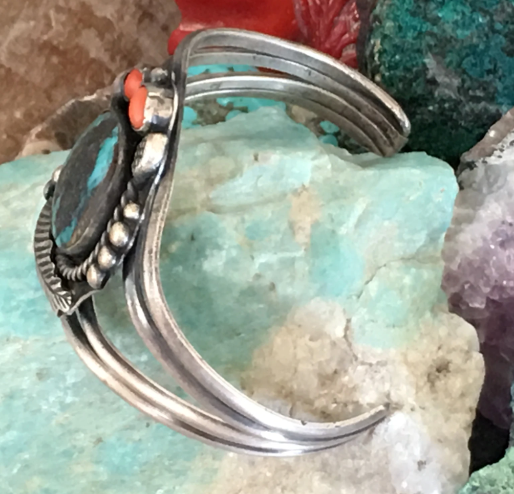 Carlin Mine Turquoise Bracelet with C oral By Navajo Tully Linkin Sterling Silver