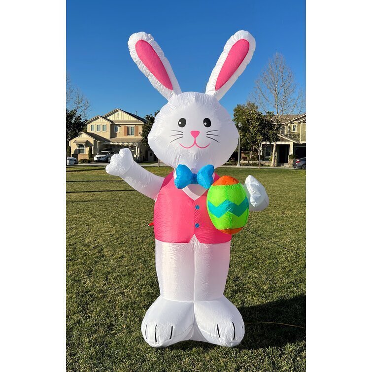 8 Foot Tall East Blue Bow Tie Bunny with Pattern Easter Egg Yard Inflatable