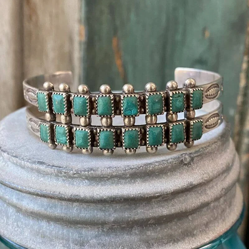 Navajo Double Row Turquoise Bracelet in Sterling Silver Fred Harvey Era