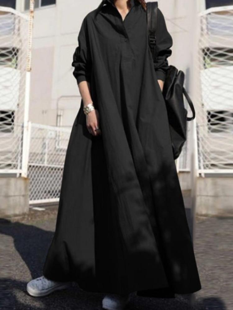 Women's Long Sleeve Lapel Cotton And Linen Maxi Dress