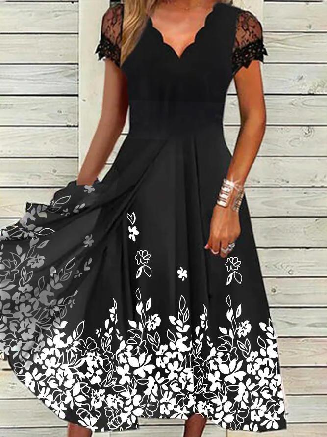 Black Lace Cap Sleeve White Flower Midi Dress