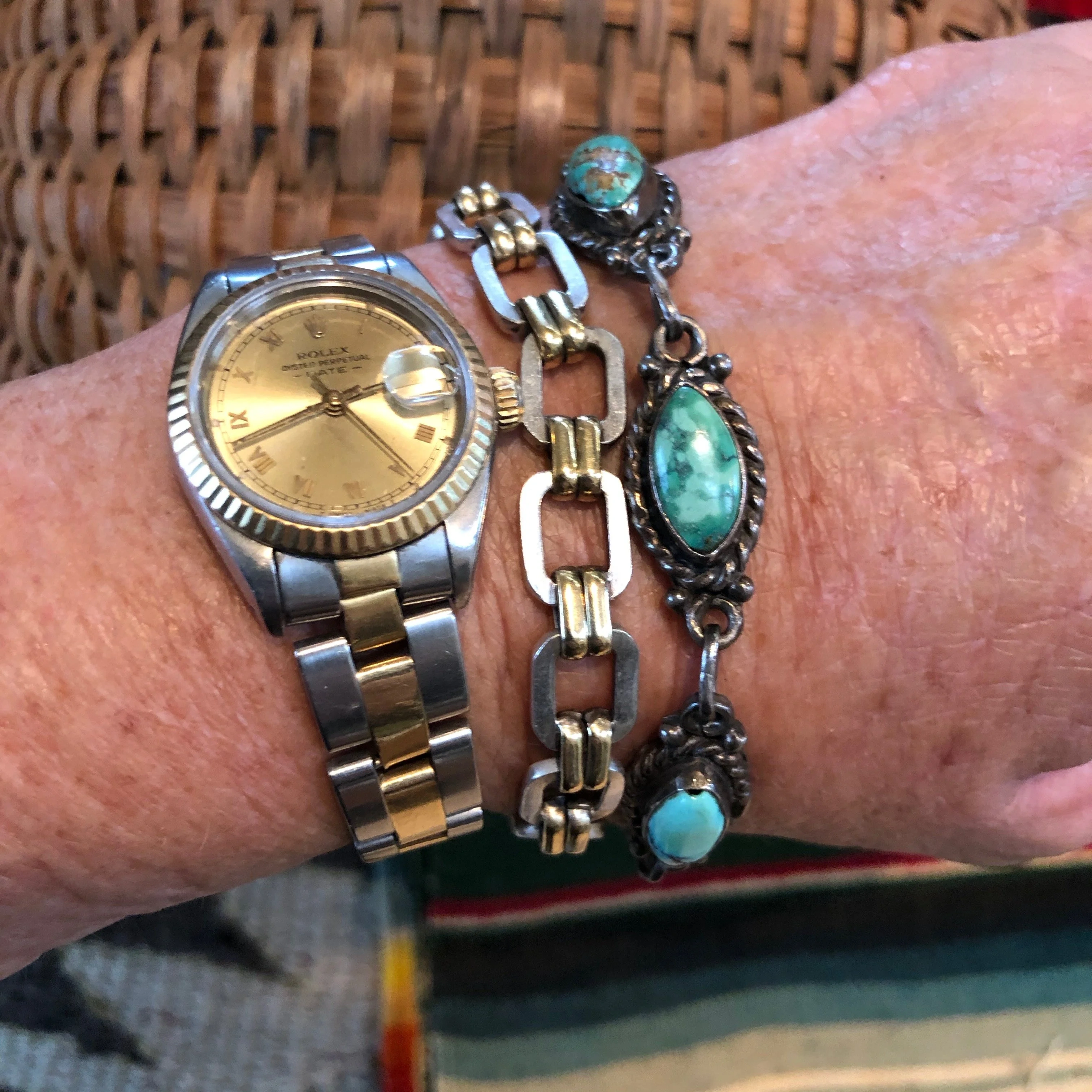 Early Navajo Wrought Silver and Turquoise Link Bracelet