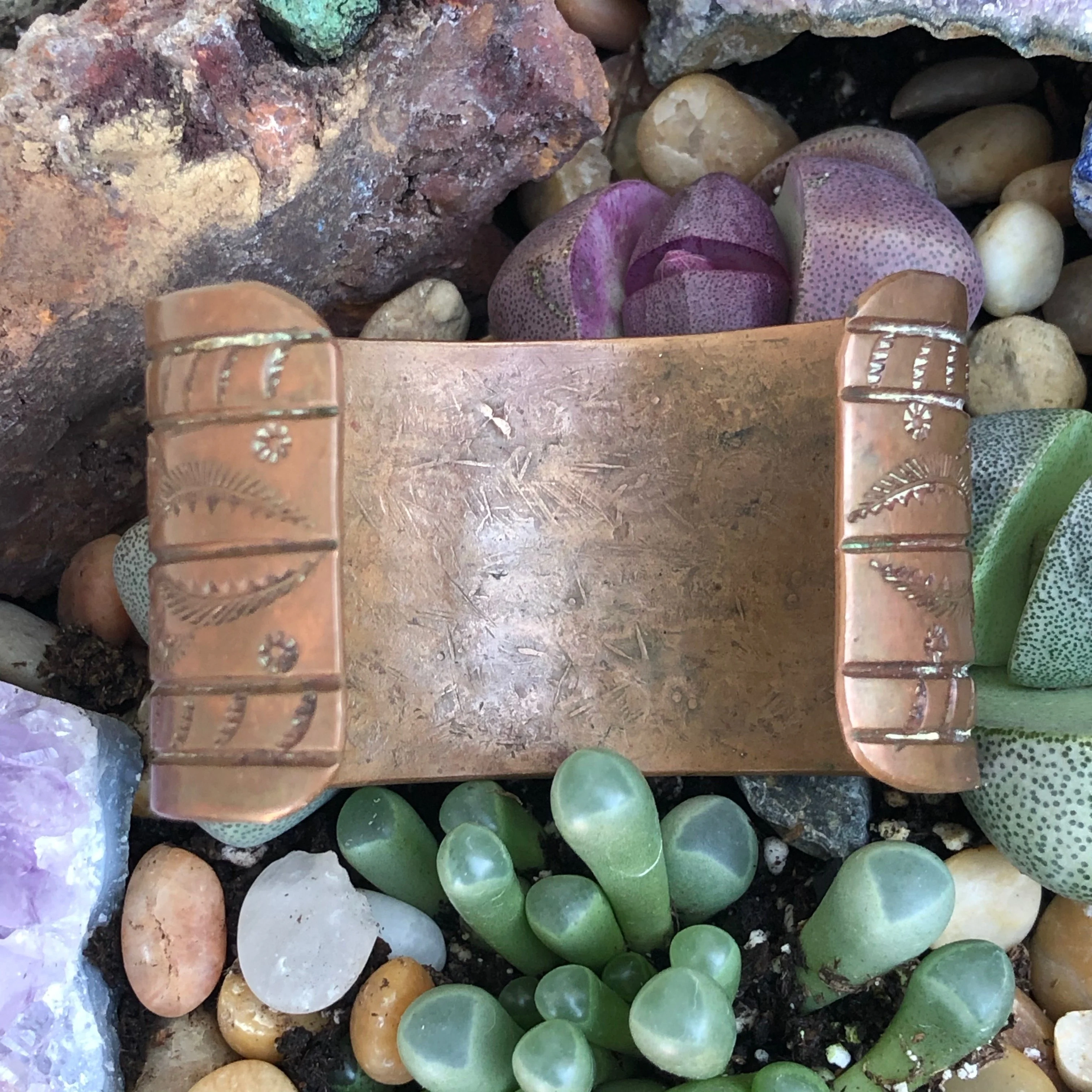 Early Navajo Wrought Copper Cuff Bracelet with Dye Stamp Decoration