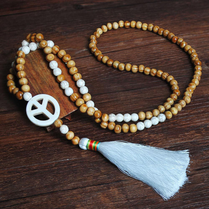 Crystal Beads Love White Turquoise Handmade Beaded Wood Beads Long Necklace