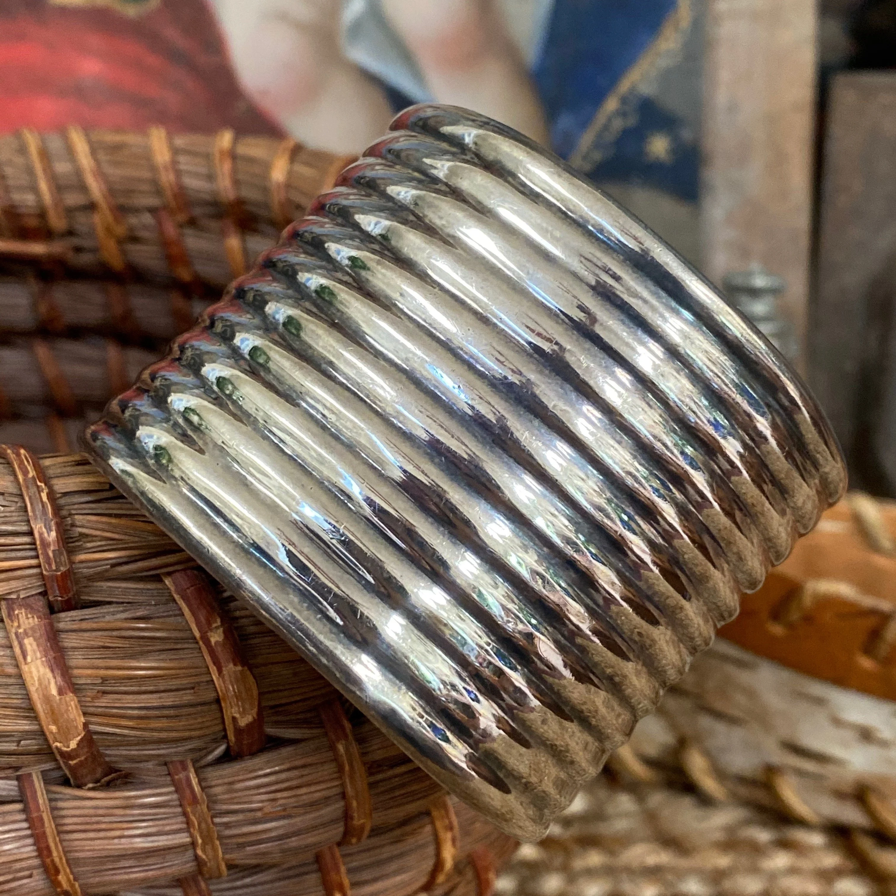 Wide Ribbed Cuff Bracelet in Solid Sterling Silver Taxco Mexico