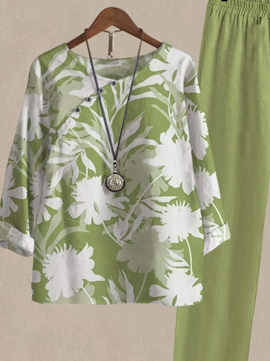 Spring And Autumn Green Plant Print Long Sleeve Two Piece Suits