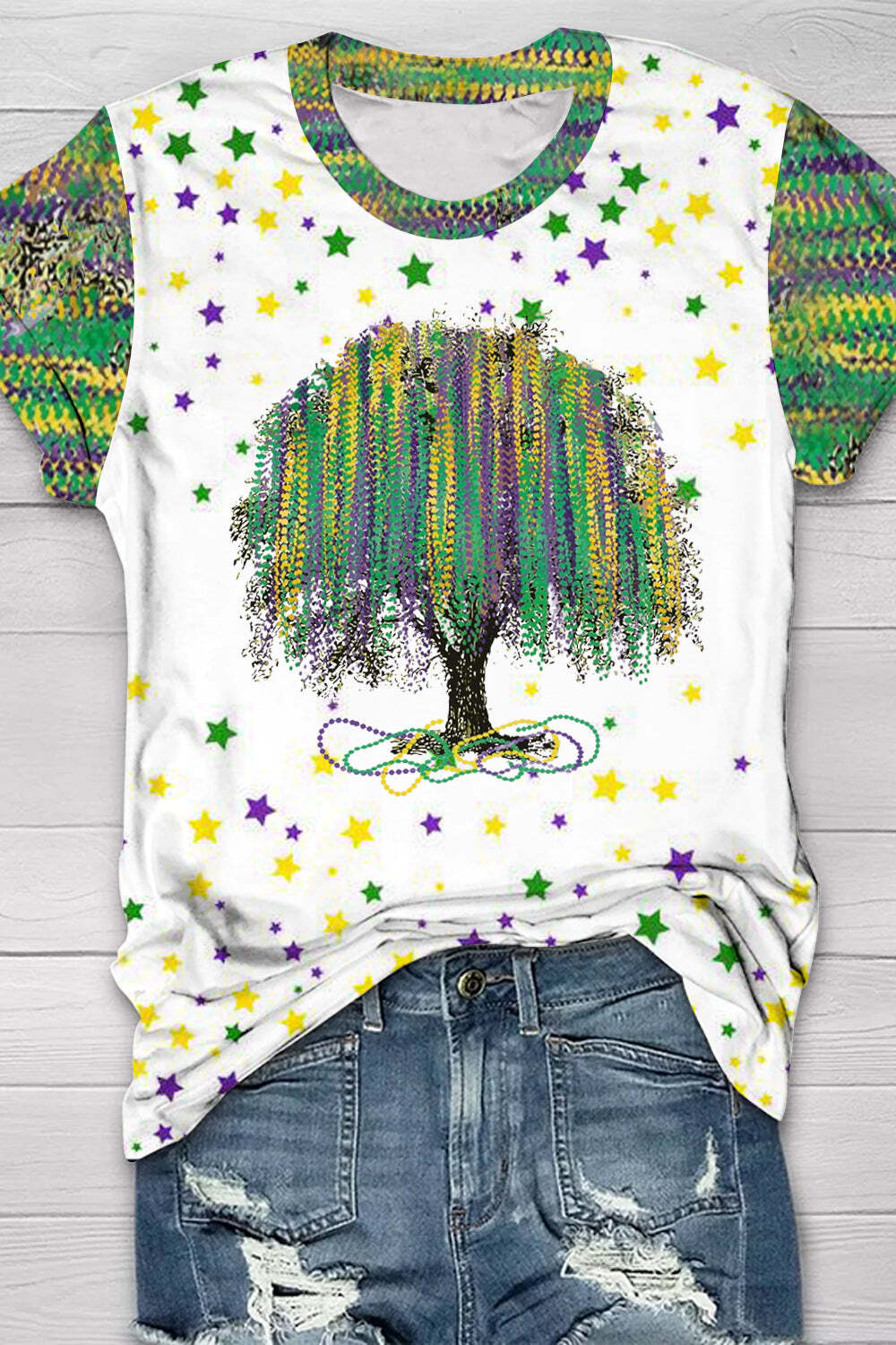 [CLEARANCE SALE]New Orleans Mardi Gras Watercolor Bead Tree Print T-Shirt