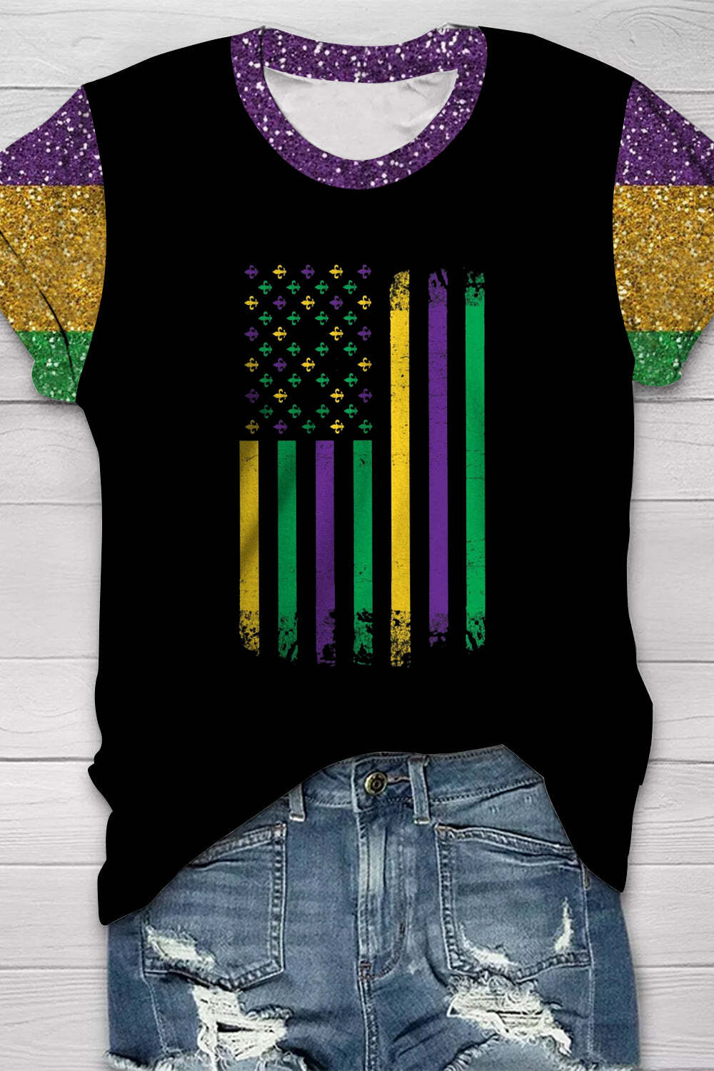 [CLEARANCE SALE]Casual Glitter Mardi Gras American Flag Print Round Neck Short Sleeve T-shirt
