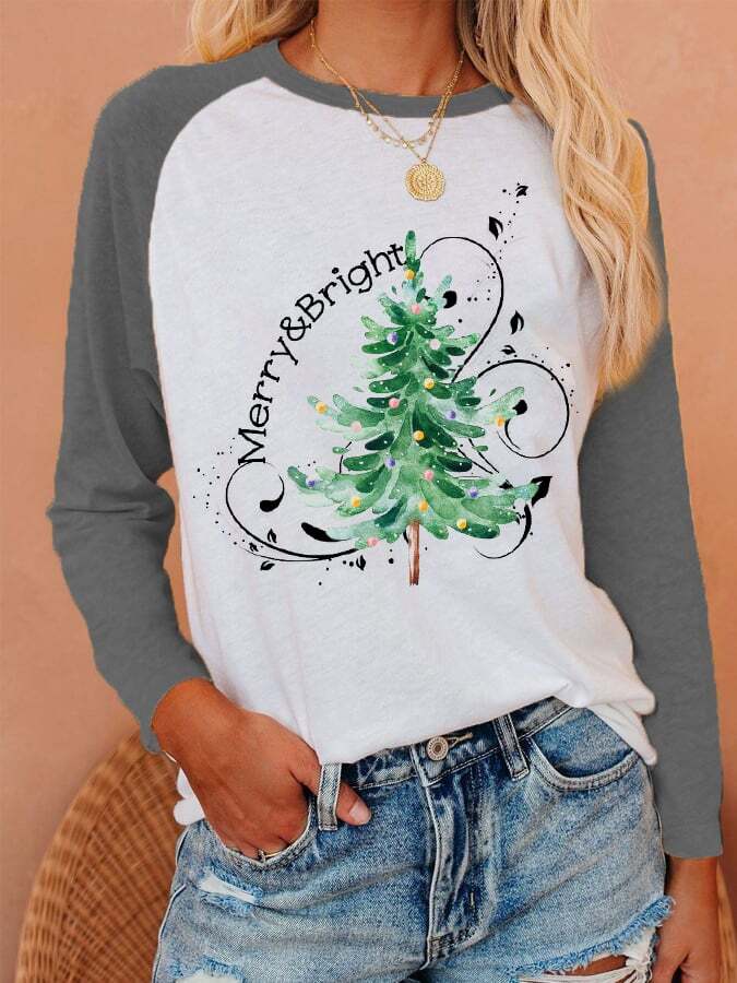 Women's Merry And Bright Christmas Tree🎄Print Casual Long-Sleeve T-Shirt