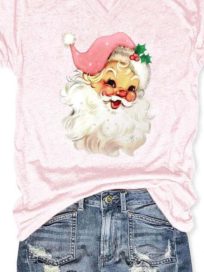 Christmas Retro Pink Santa Print T-Shirt