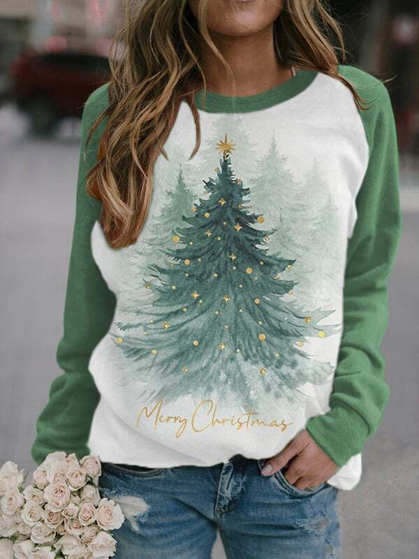 Women's Christmas Tree Printed Sleeve Sweatshirt