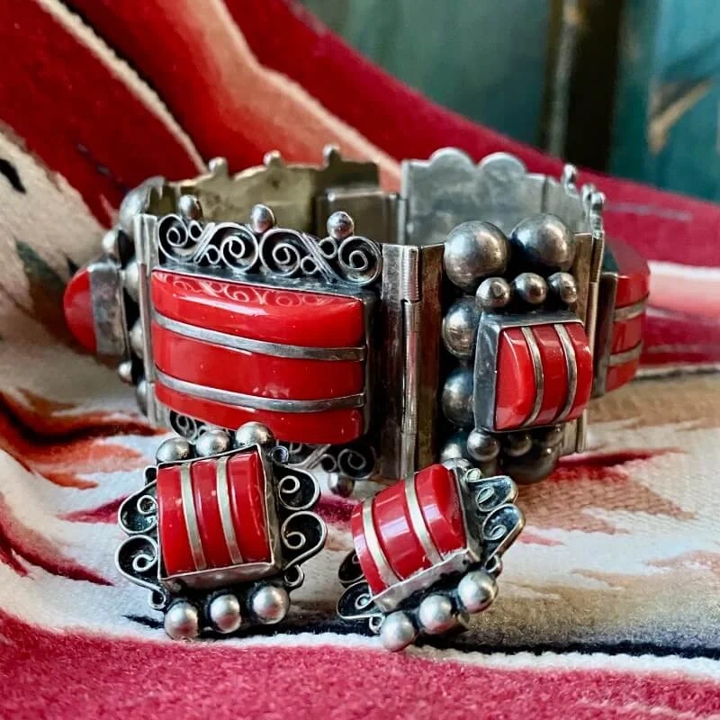 Vintage Mexican Red Glass Panel Bracelet and Earrings Set Sterling