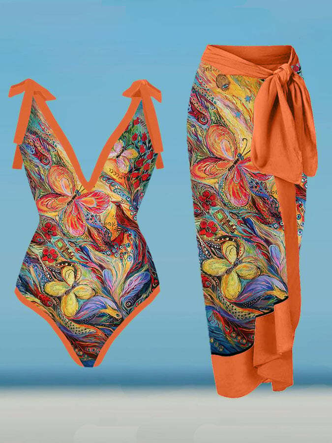 V Neck Butterfly Art Print One Piece Swimsuit Set Cooclo 2685